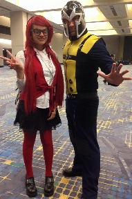 Mya at C2E2 2015, cosplaying as Grell Sutcliff from Black Butler, with Magnito from X-Men